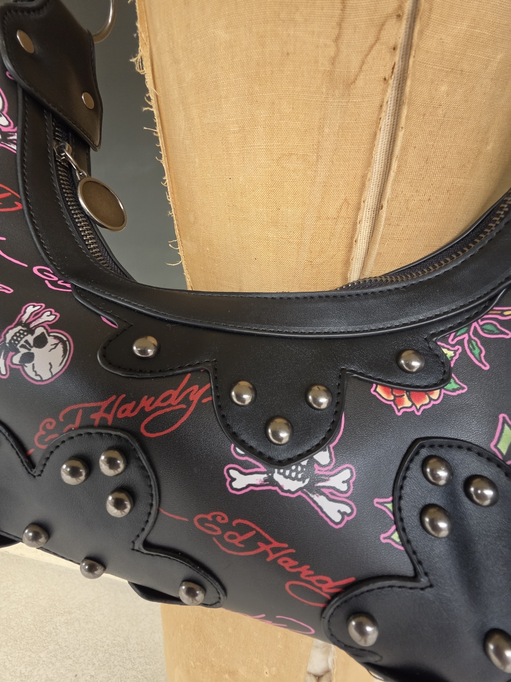 Ed Hardy Black Leatherette Studded Hobo Bag with Pink Accents